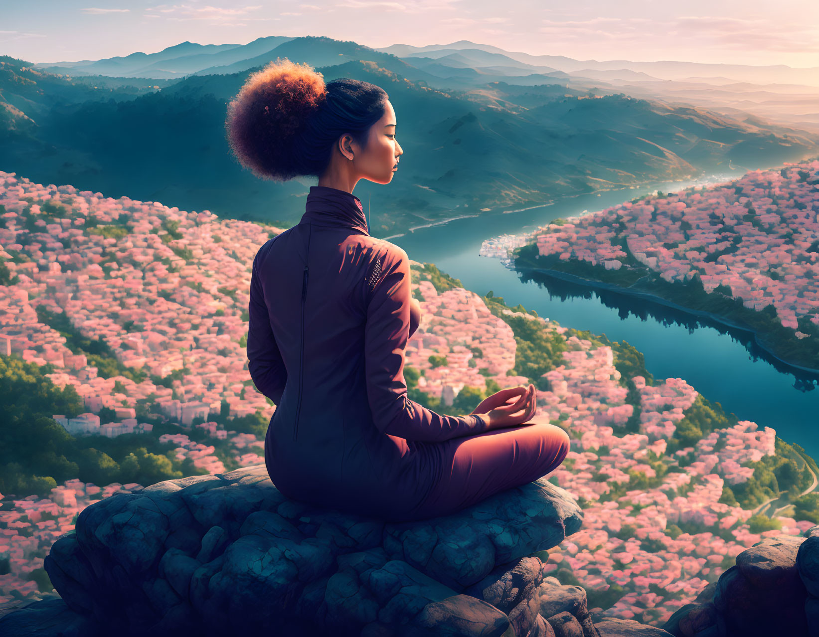 Woman meditating on cliff with pink trees and river at sunrise