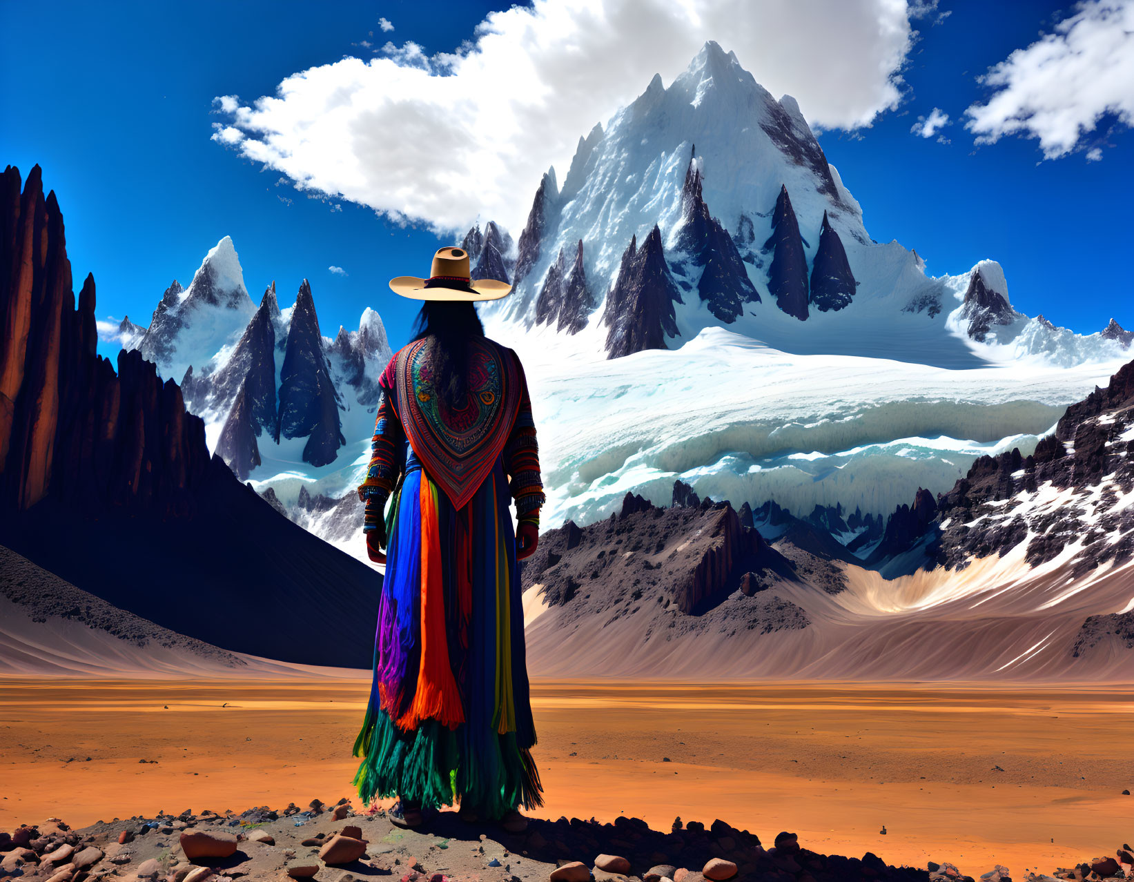 Colorfully dressed person in desert with rock formations and snow-capped mountain under blue sky