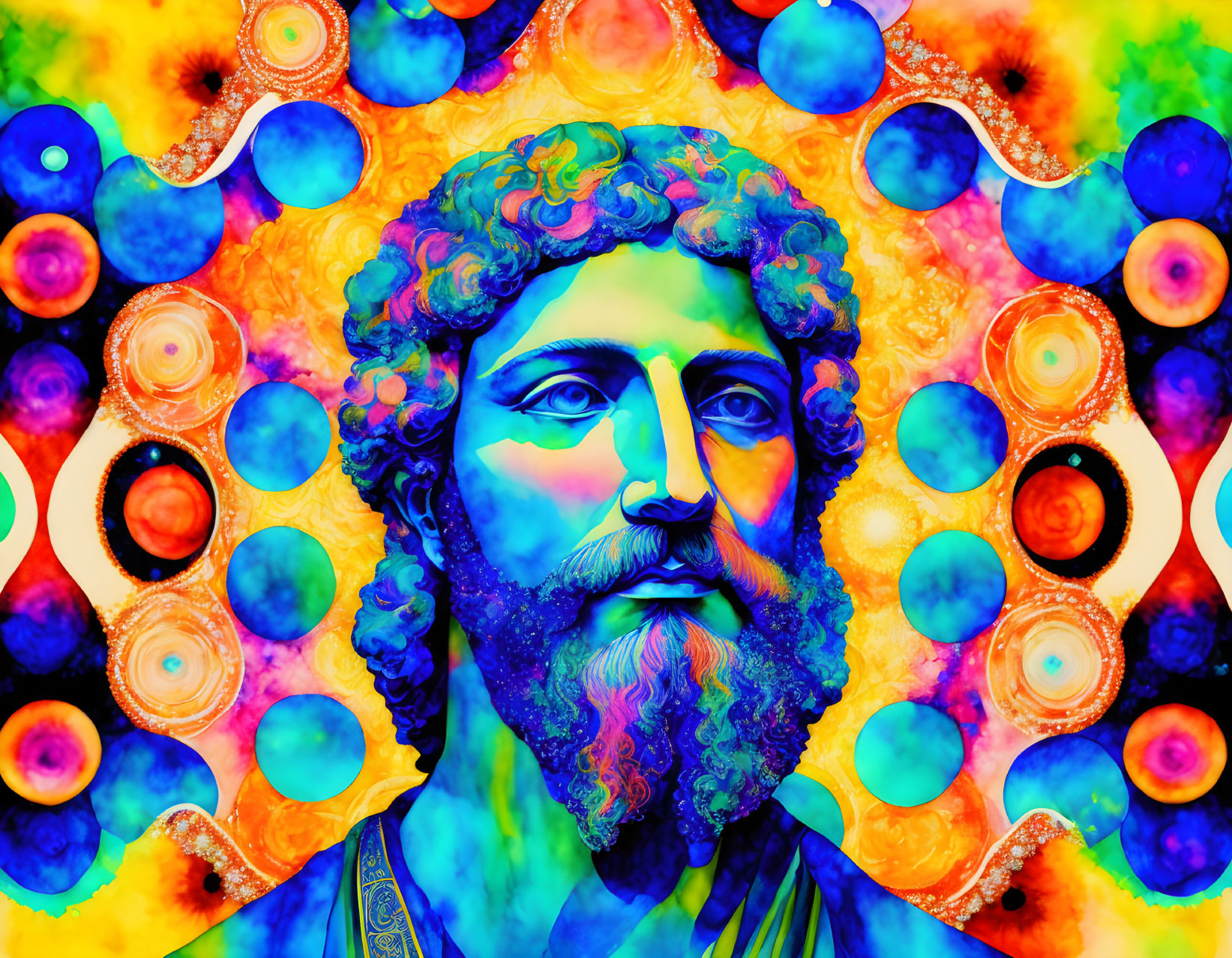 Colorful Psychedelic Portrait of Bearded Classical Figure