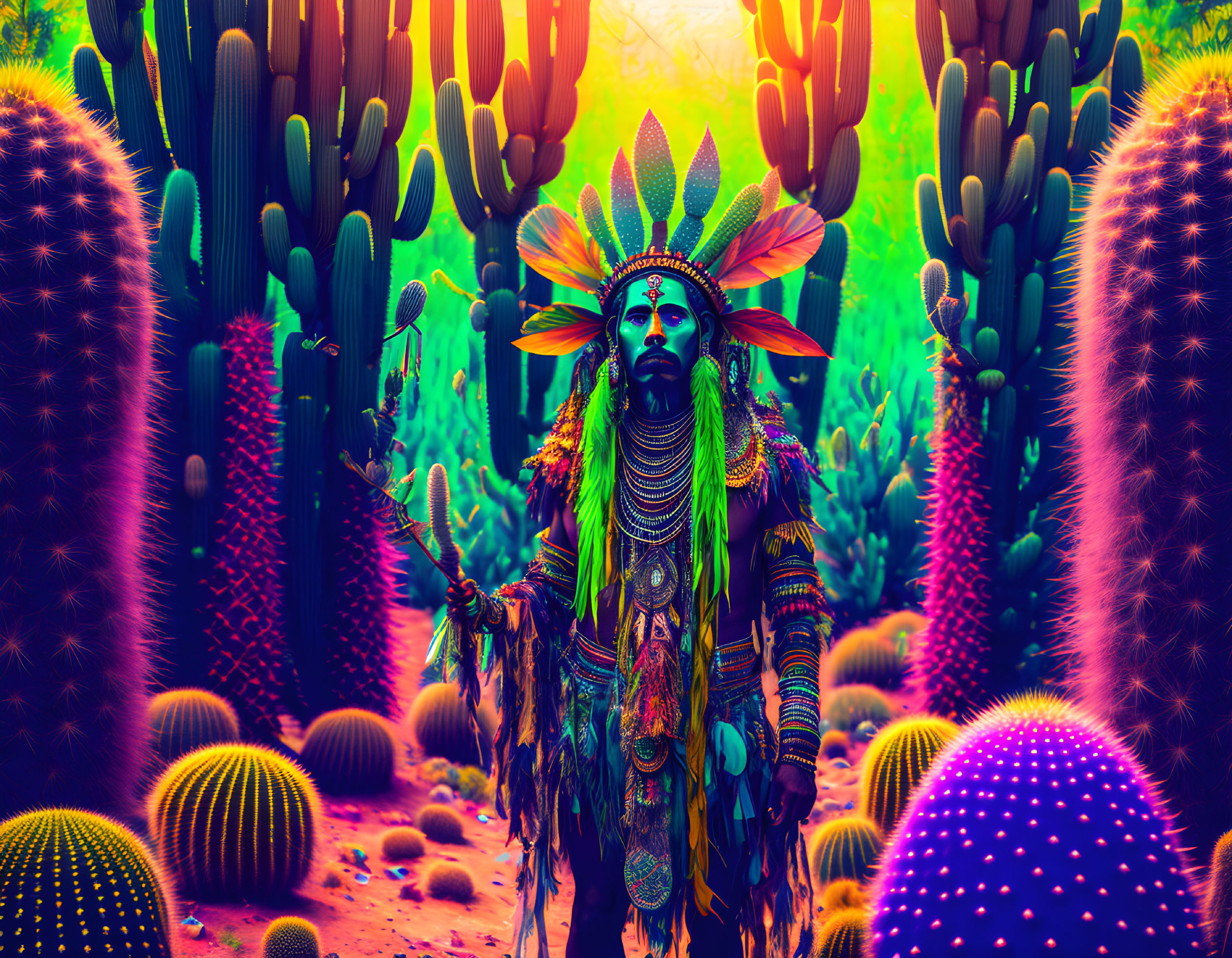 Vibrant Native American-inspired figure in neon-lit desert