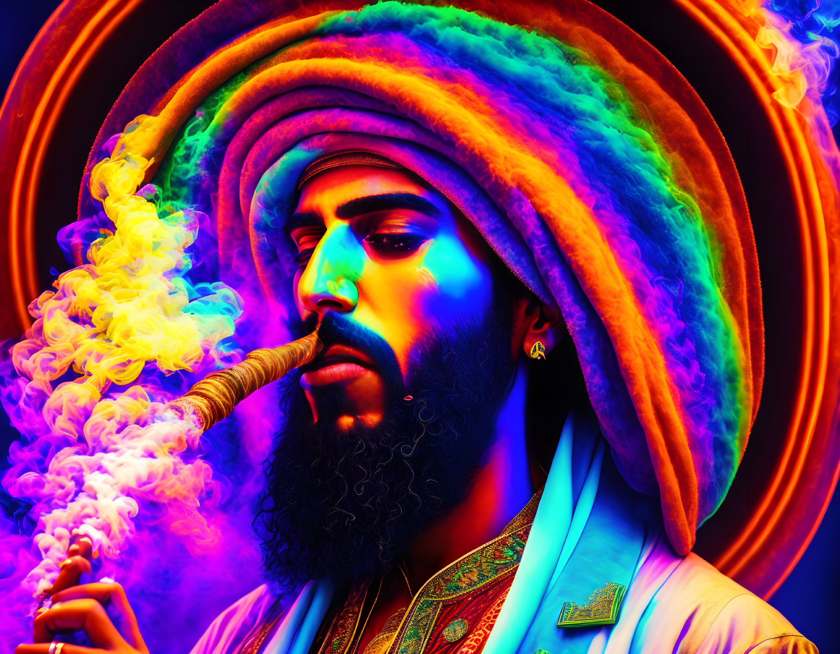 Colorful Turbaned Man Exhaling Vibrant Smoke in Psychedelic Portrait