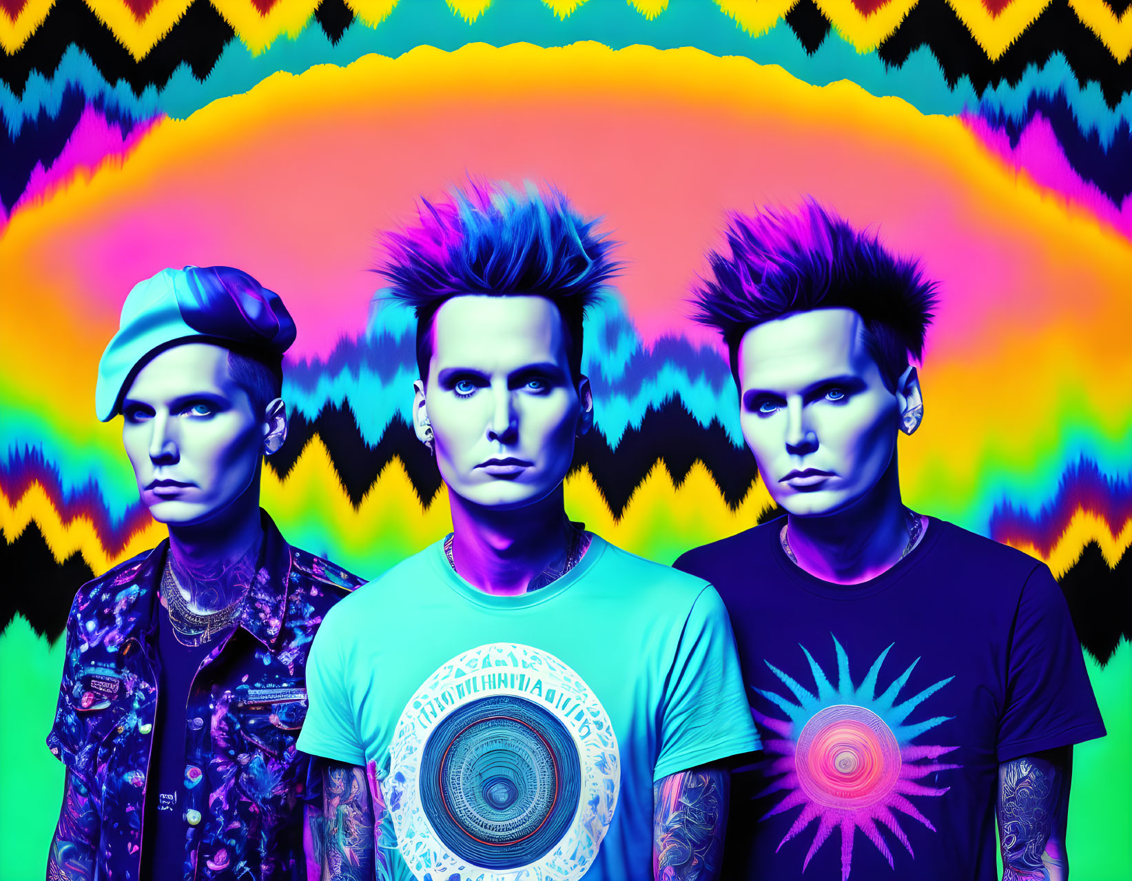 Stylized characters with punk hairstyles on vibrant, psychedelic background