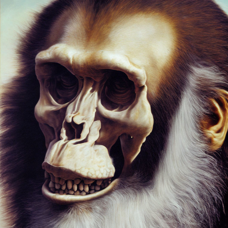 Symmetrical hyperrealistic primate painting with exposed skull and teeth