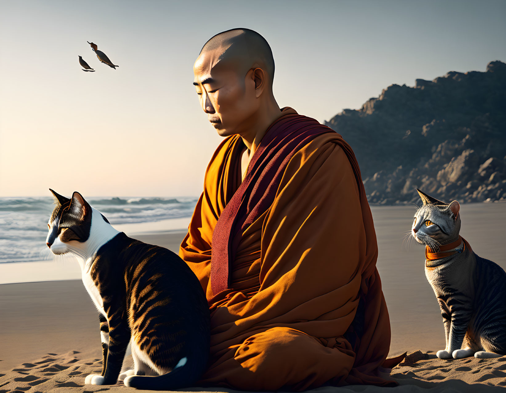 Meditating monk with cats on beach, mountains, bird in flight