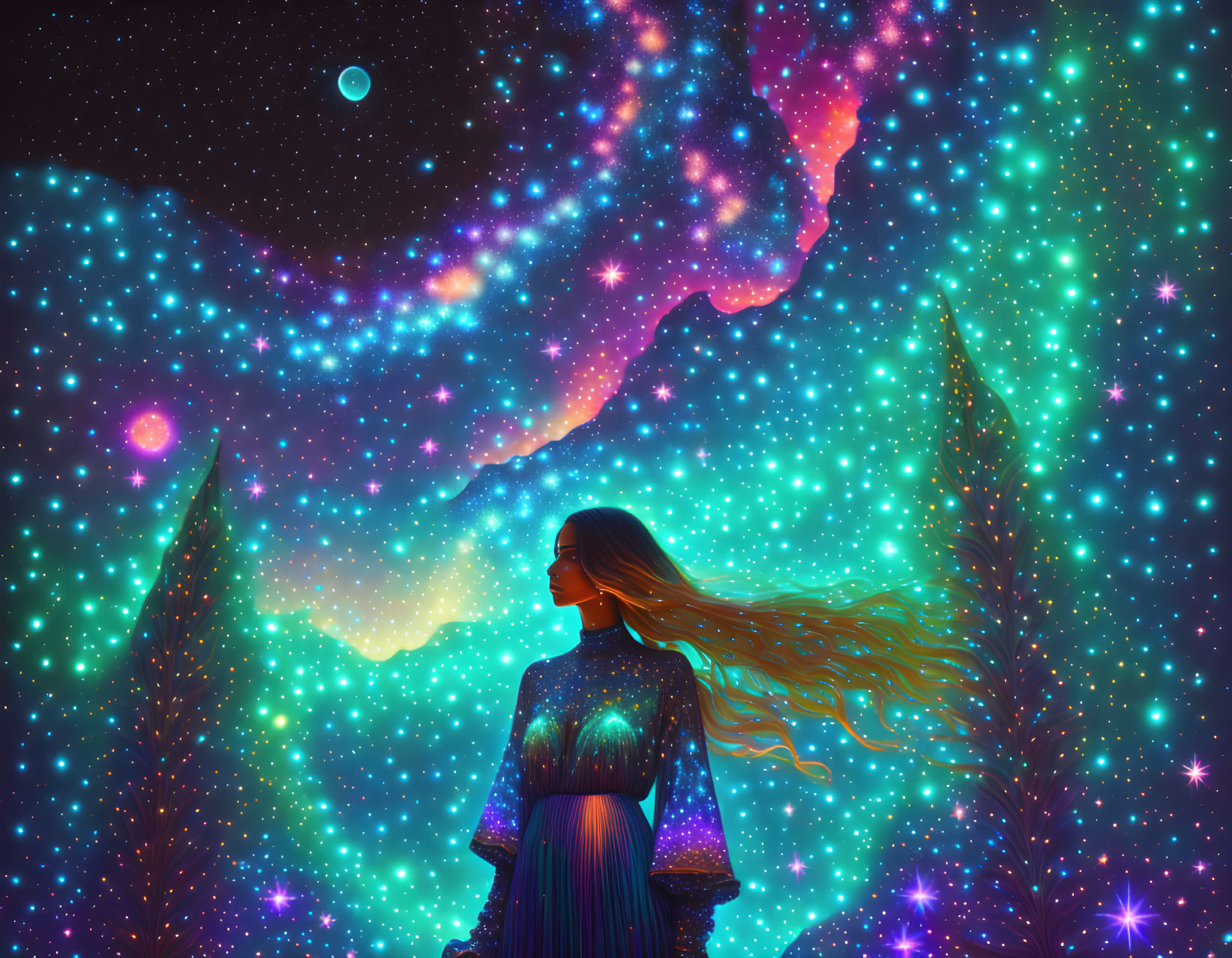 Woman in Starry Dress Contemplating Cosmic Sky