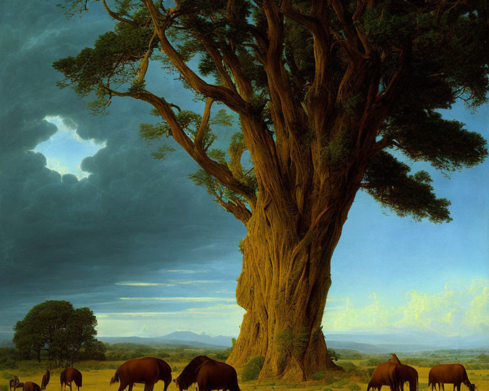 Ancient tree in stormy skies with elephants and zebras grazing