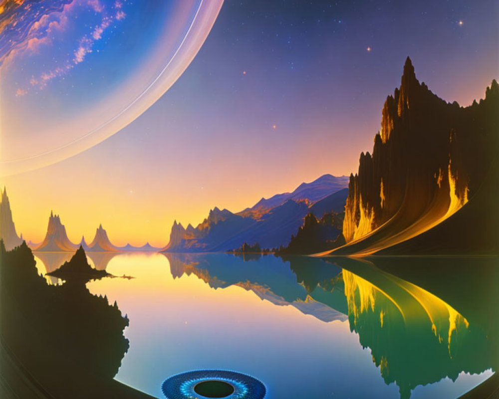 Majestic rock formations, reflective lake, galaxy sky, distant planet