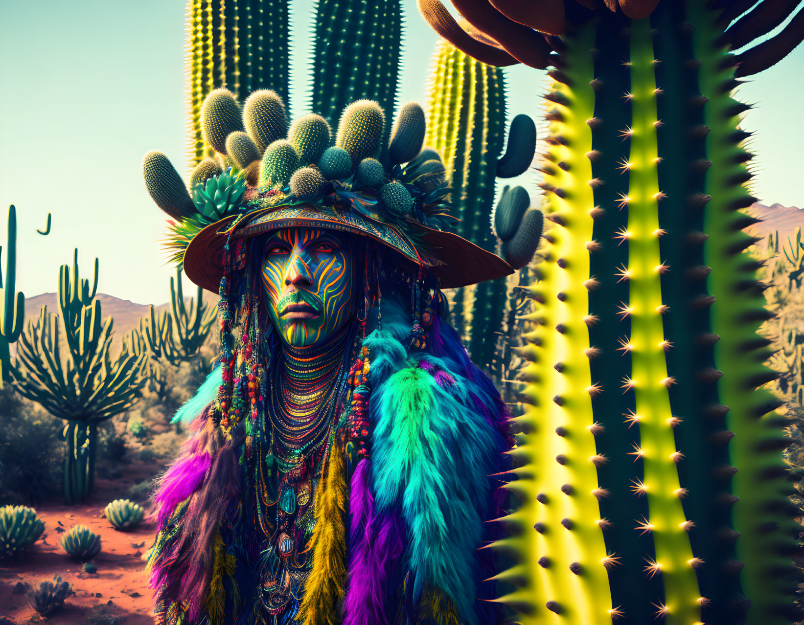 Person with Vibrant Tribal Makeup and Feathered Headdress in Desert Scene
