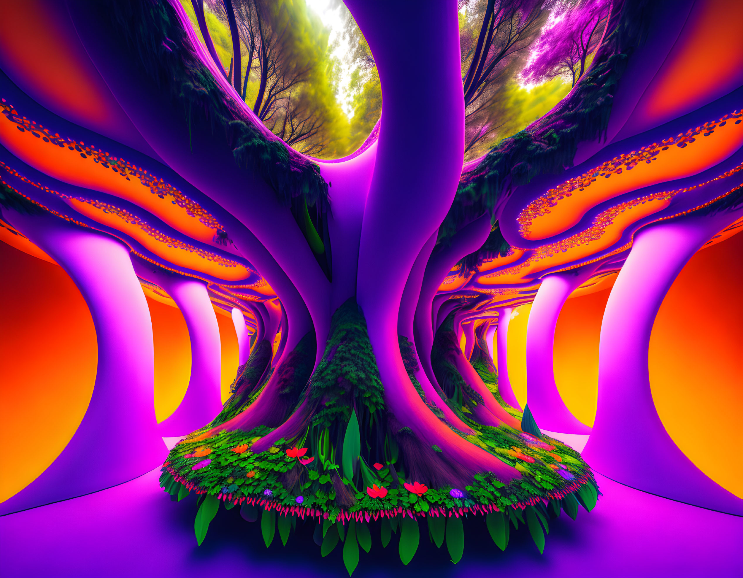 Surreal neon-lit trees on vibrant psychedelic background
