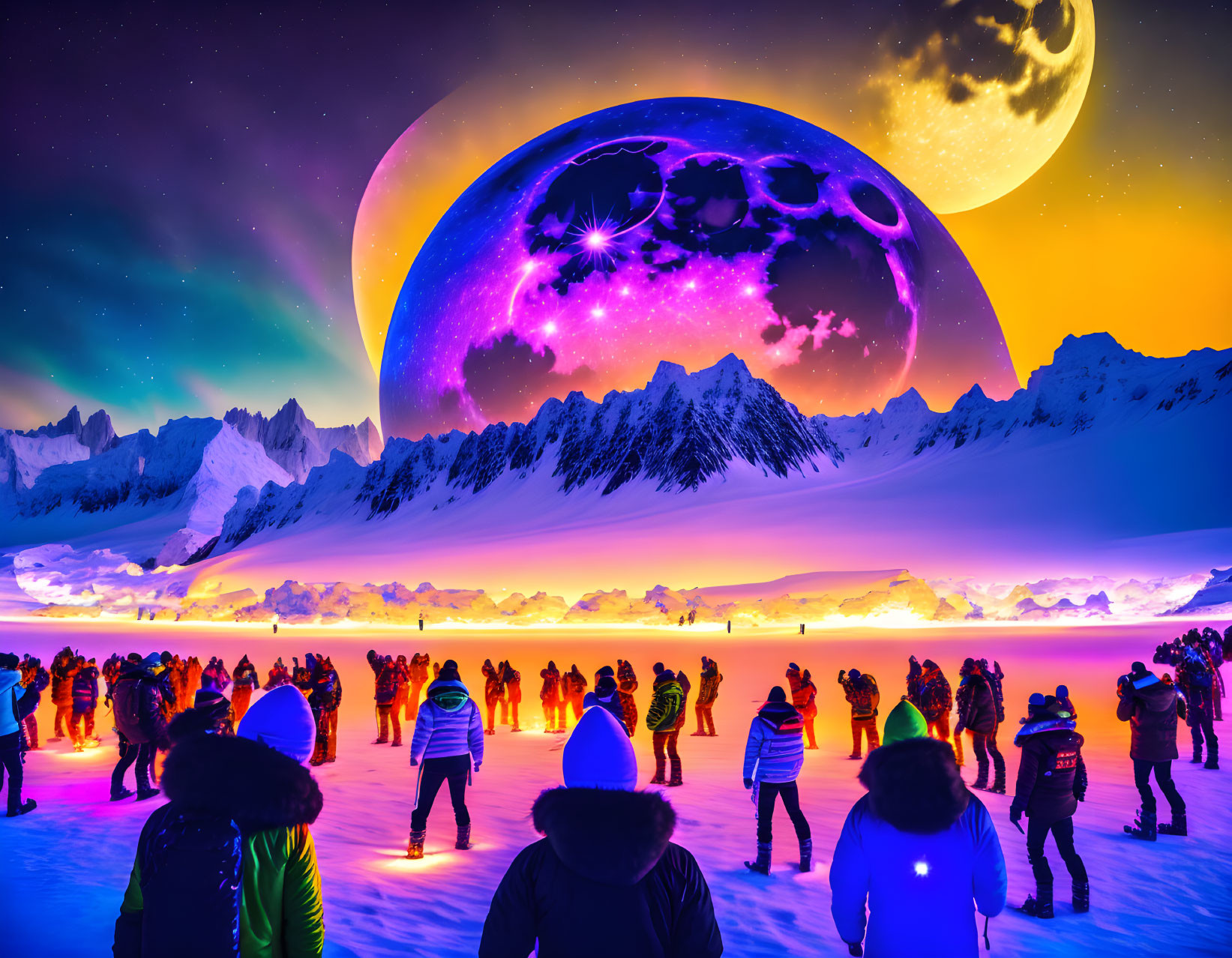Vibrant surreal sky with massive planets and purple nebula above snowy mountain landscape at sunset