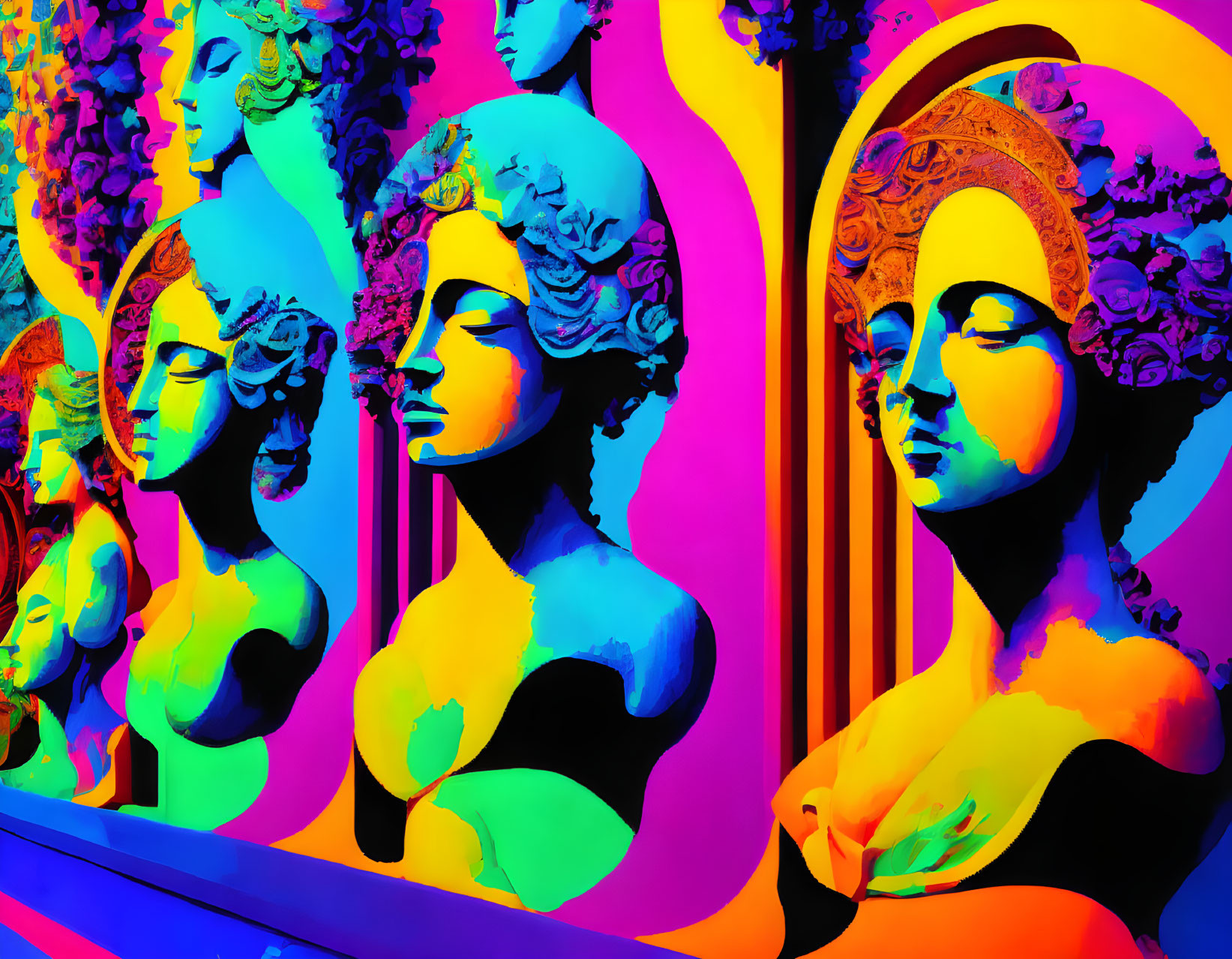 Multicolored Digital Art of Repeated Classical Sculptures