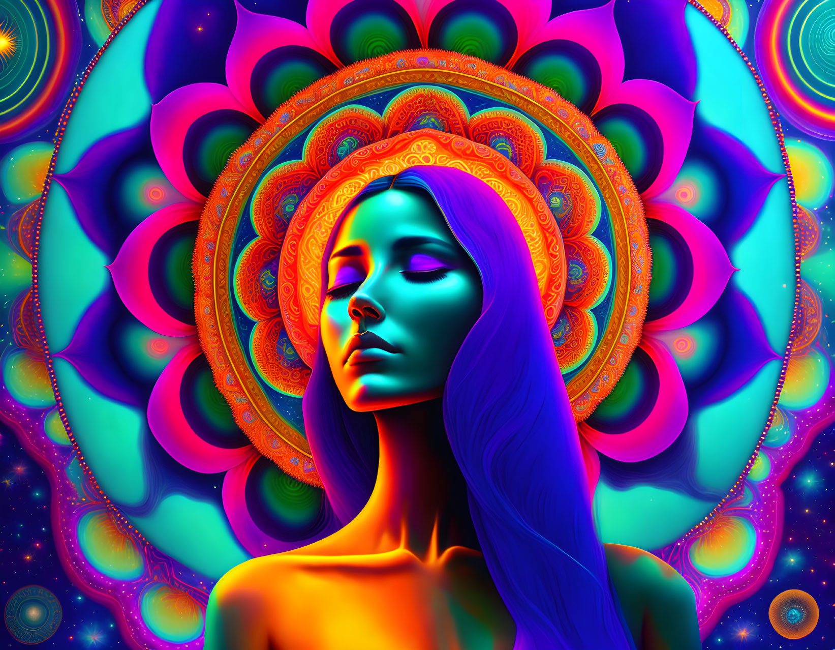 Colorful Psychedelic Art: Blue Woman in Flowing Hair on Kaleidoscopic Mandala