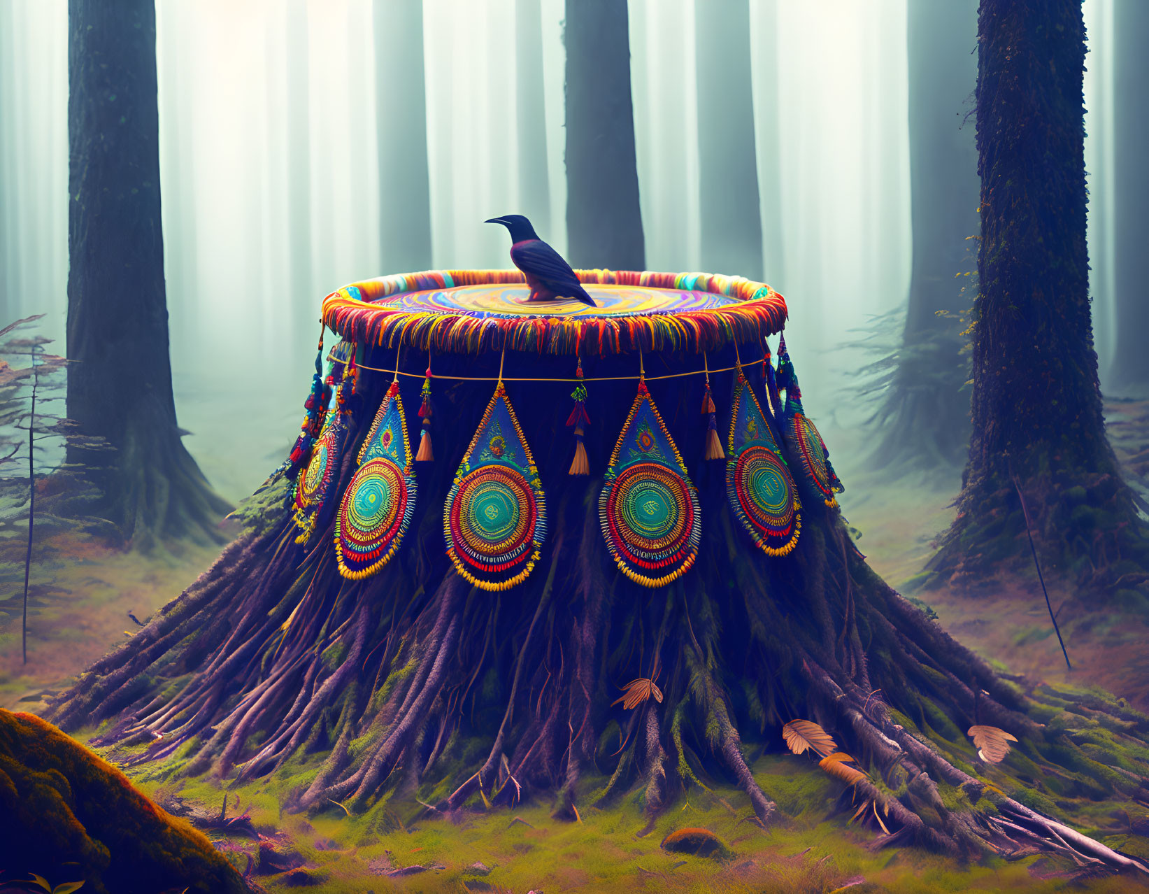 Vibrant cloth over tree stump with crow in misty forest