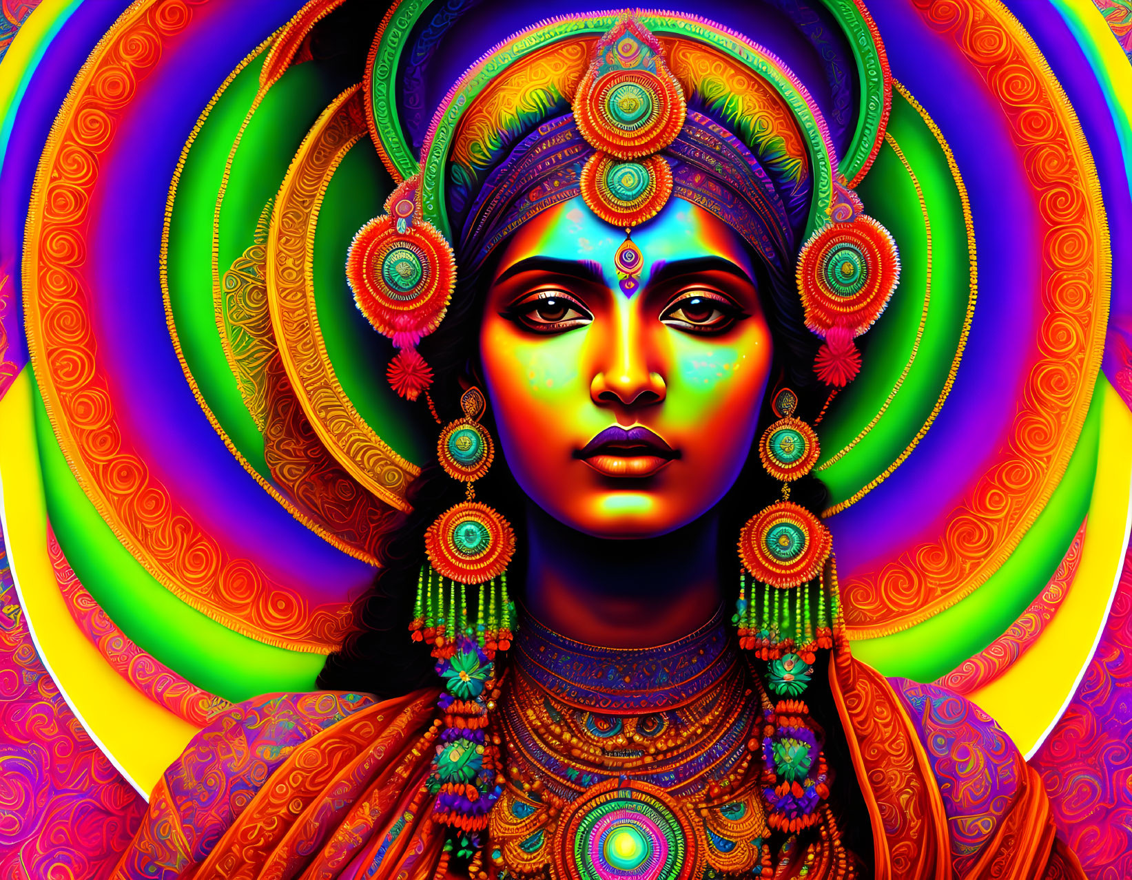 Colorful digital artwork of a woman in traditional Indian attire amid vibrant, psychedelic circles