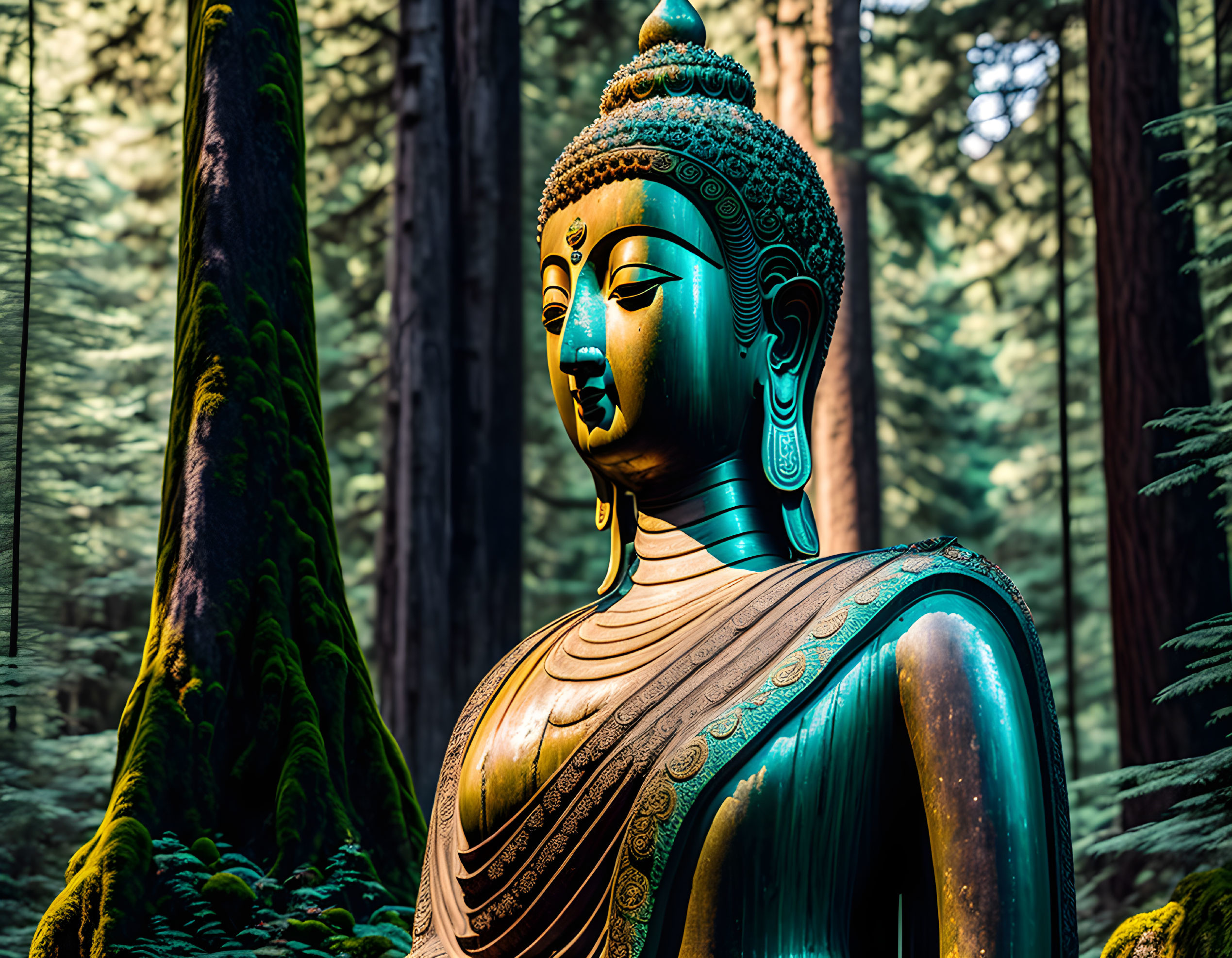 Tranquil forest scene with serene Buddha statue