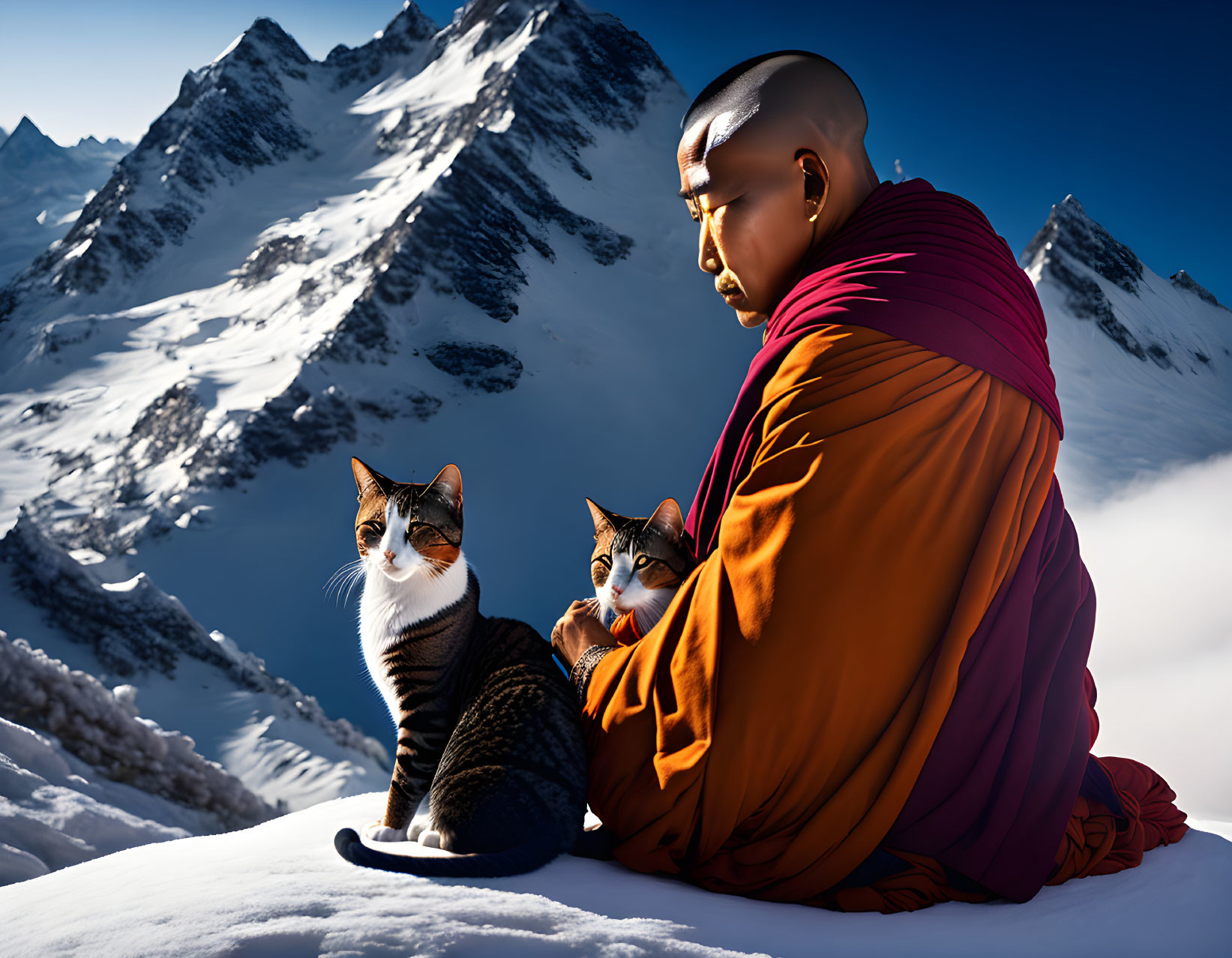 Monk in orange robes meditating with two cats on snowy mountain peak