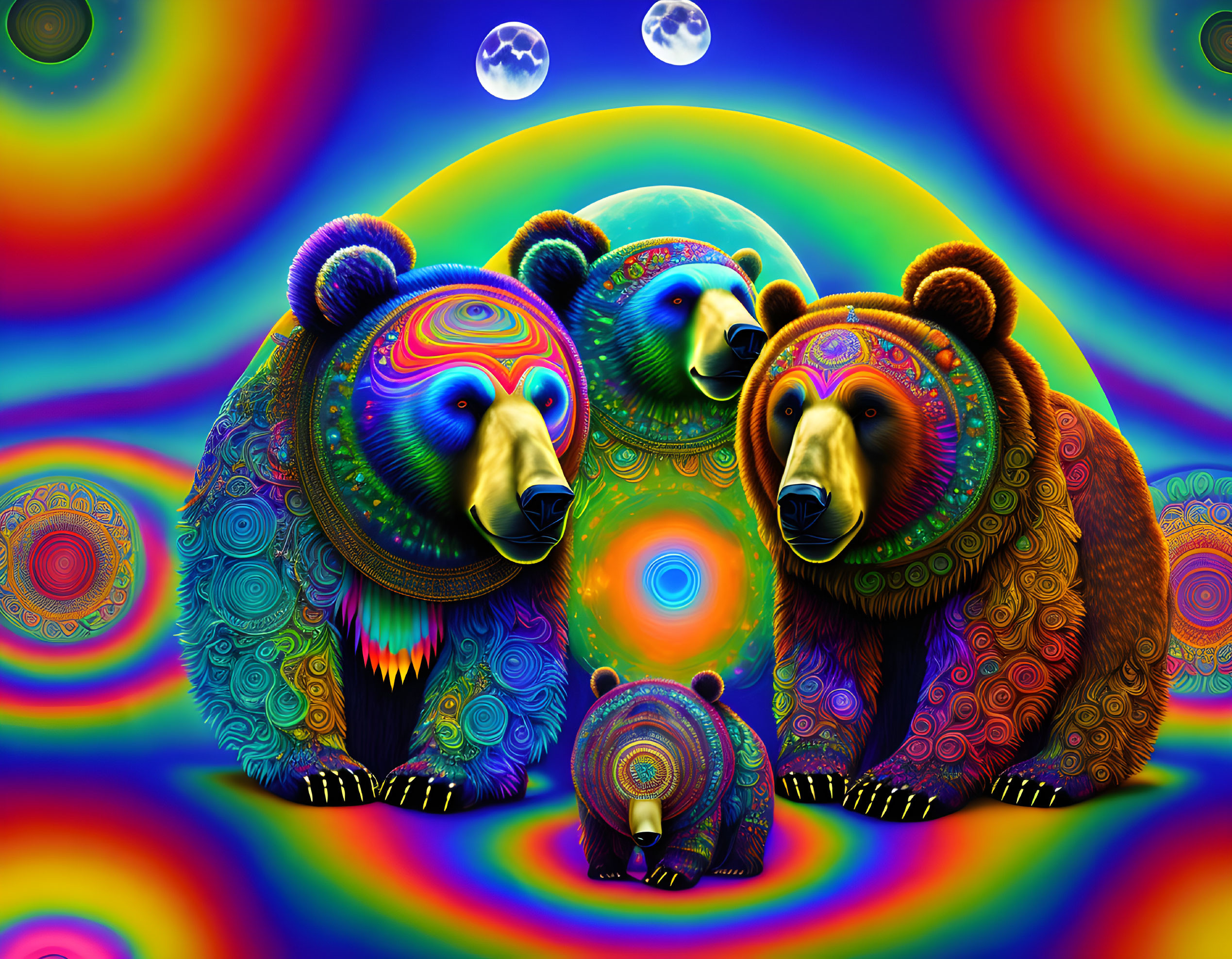 Colorful Psychedelic Image: Three Patterned Bears in Rainbow Swirls