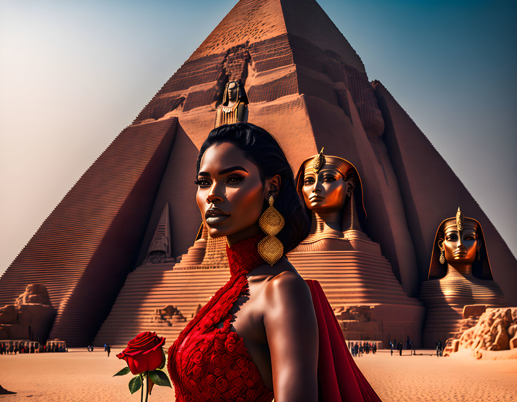 Woman in red dress with rose at Great Pyramid among Egyptian statues