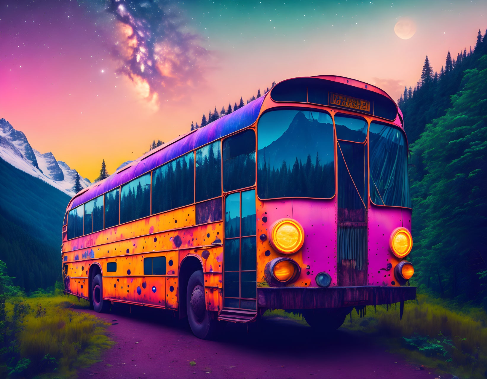 Vintage Bus with Psychedelic Patterns in Mountain Valley Twilight