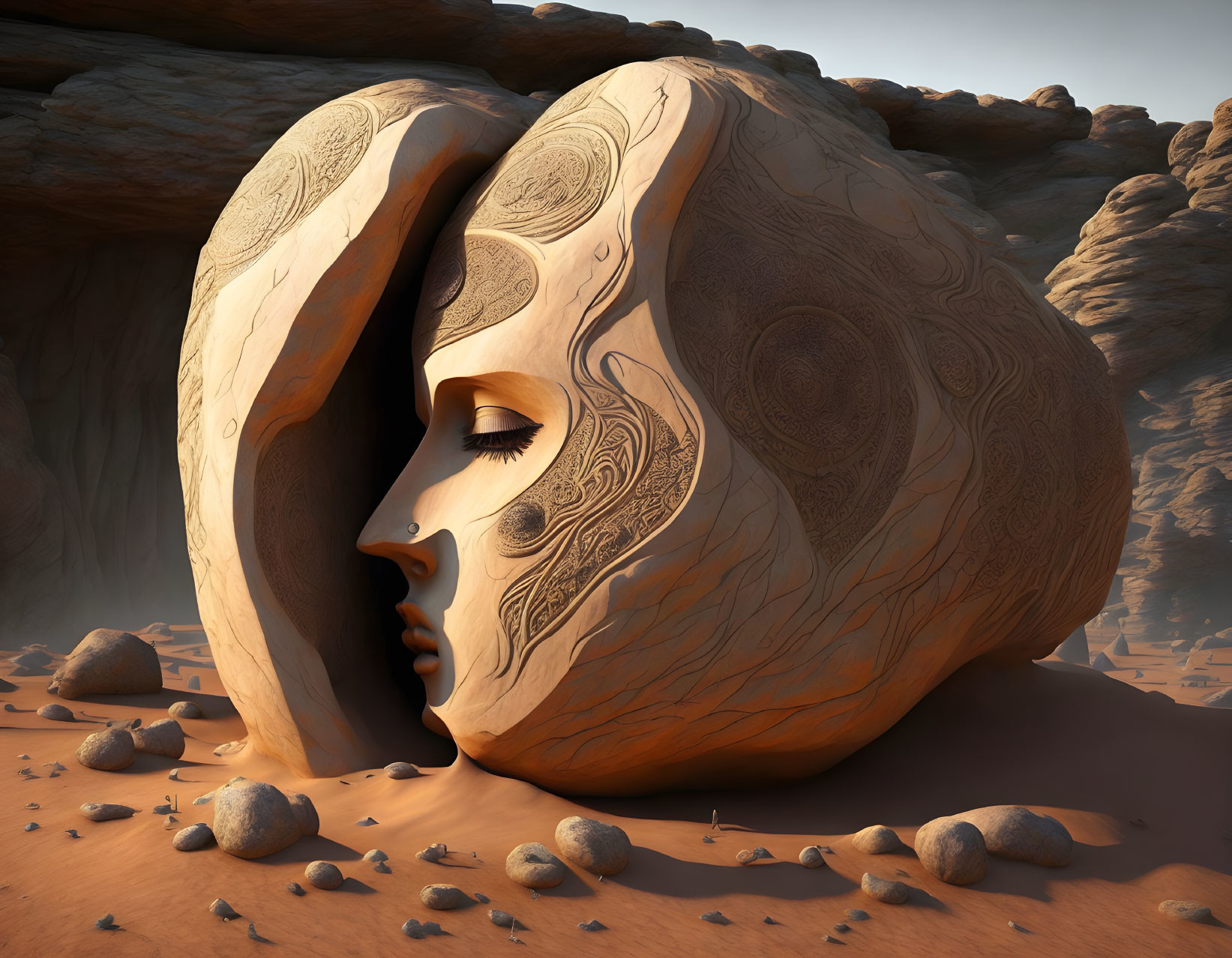 Surreal illustration: Giant wooden head in desert landscape