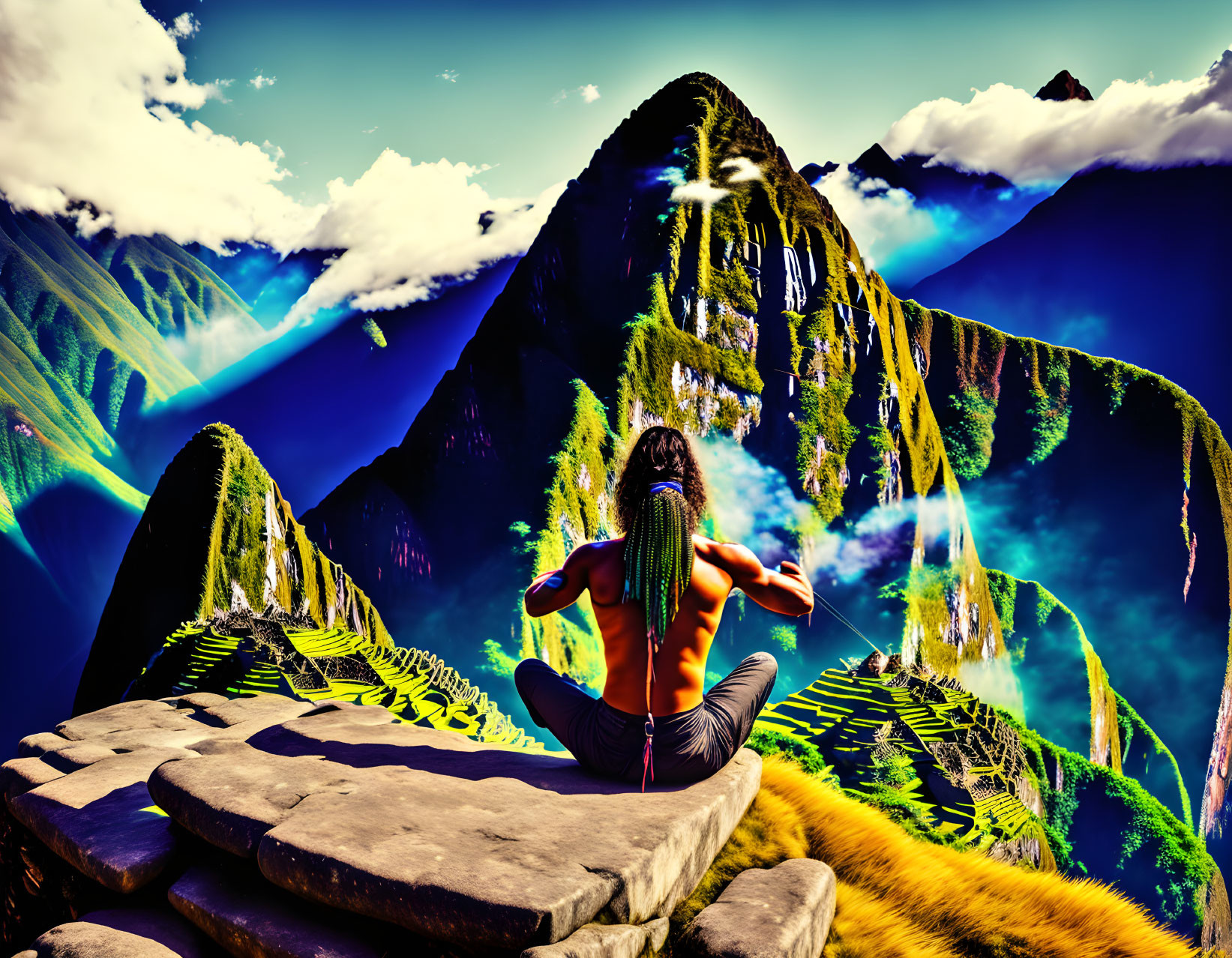Person meditating on mountain ledge with stunning landscape view