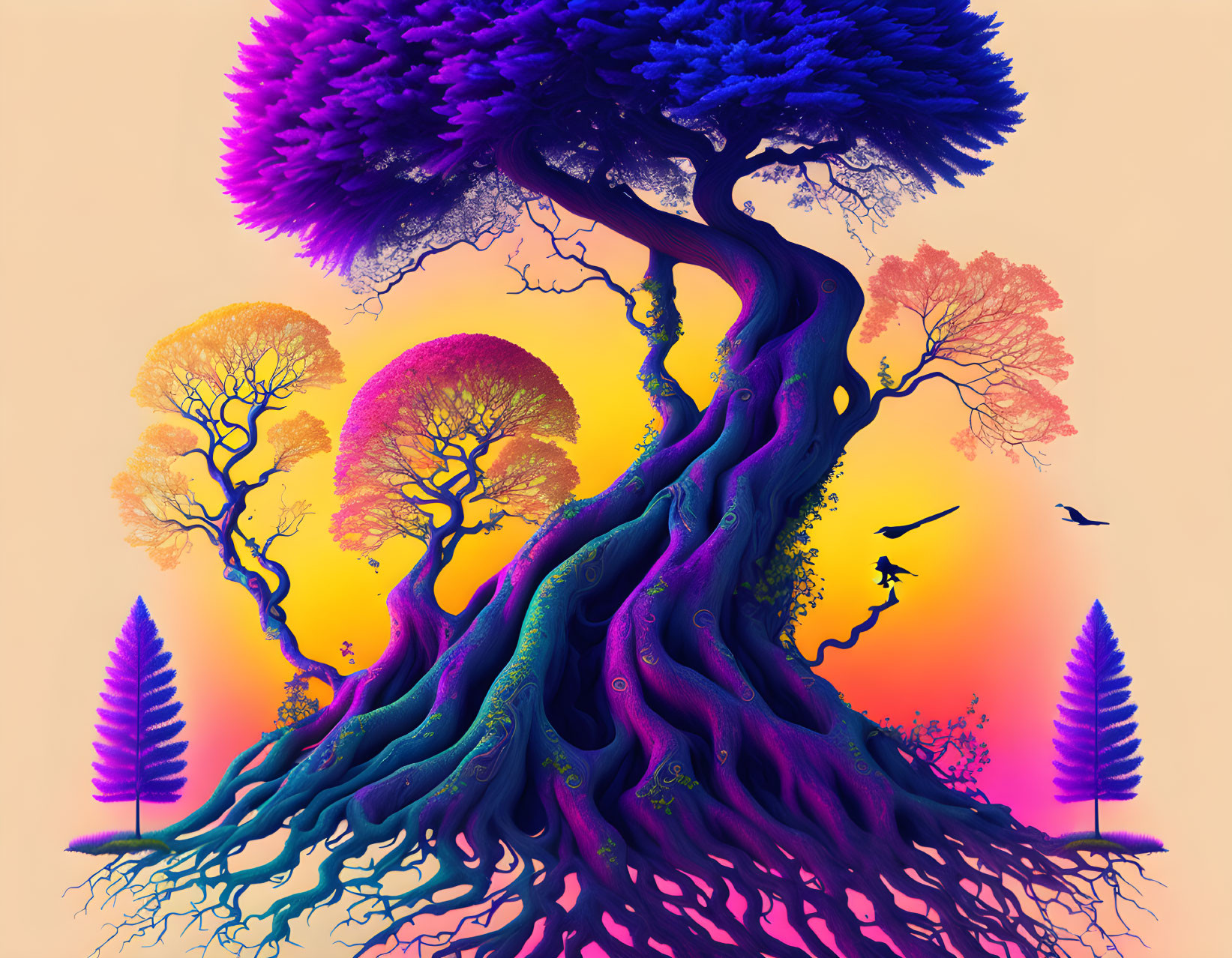 Colorful digital artwork: Twisted tree in purple, blue, and pink palette, with birds and