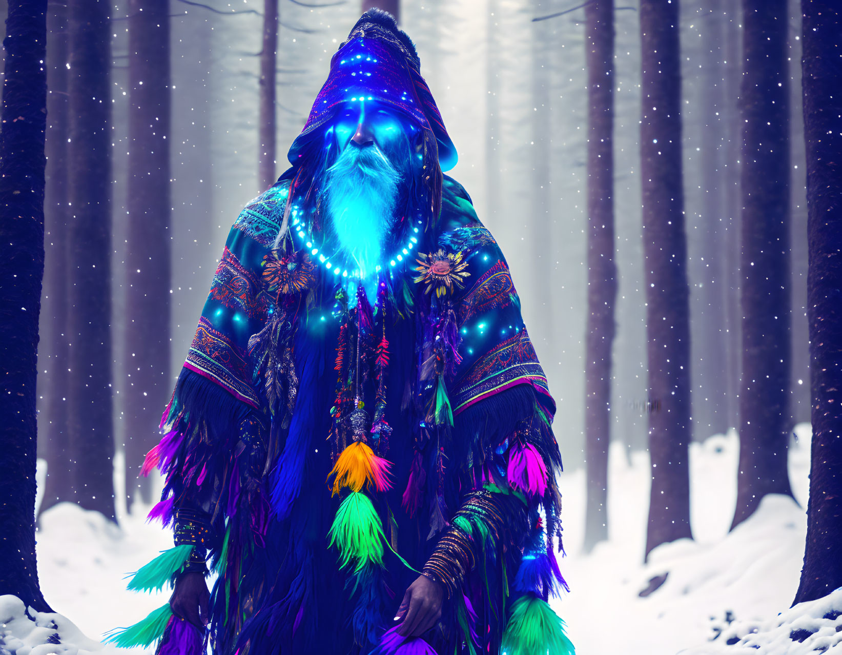 Vibrant ethnic attire in snowy forest with neon lights