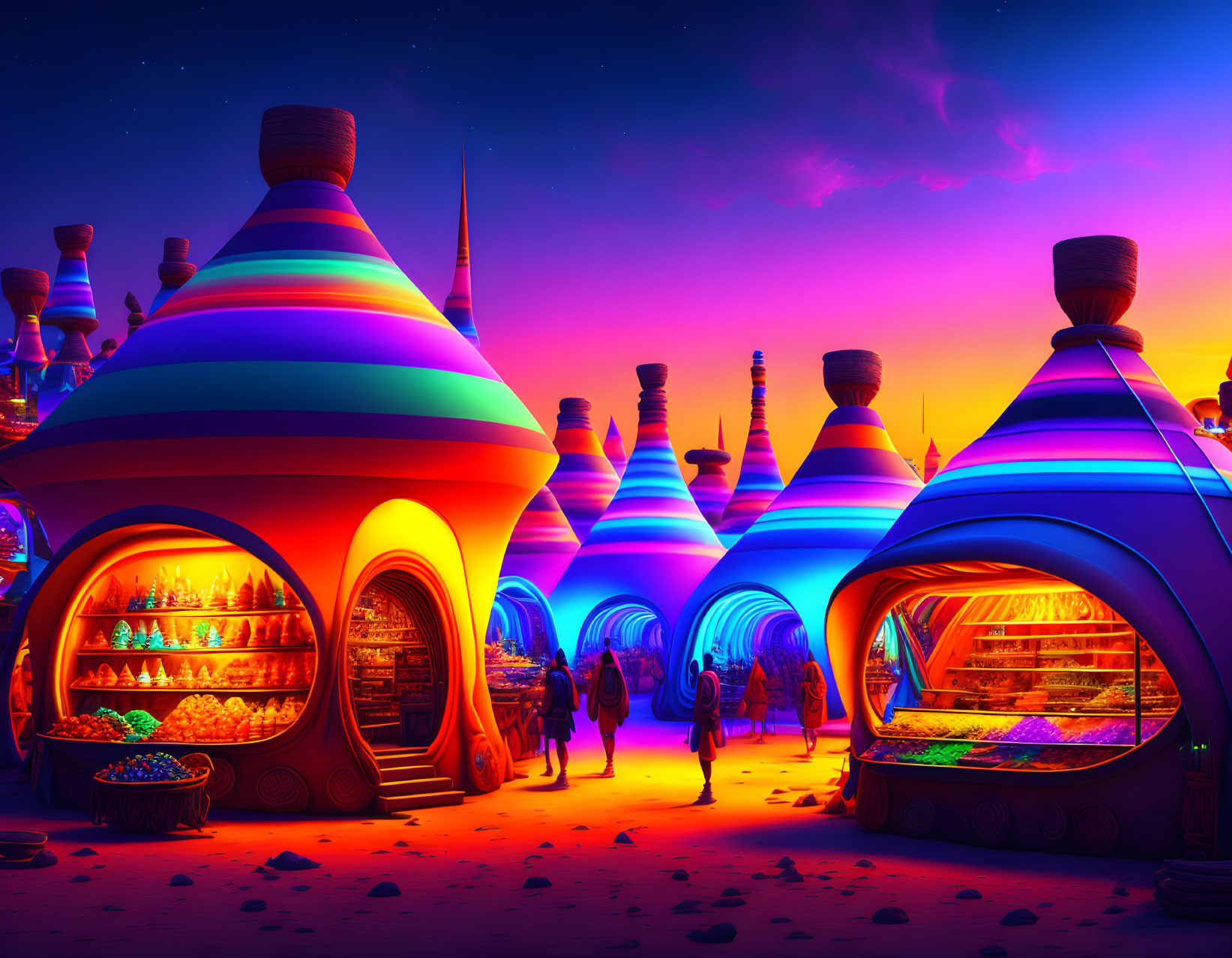 Colorful Cone-Shaped Marketplace Under Purple Sky