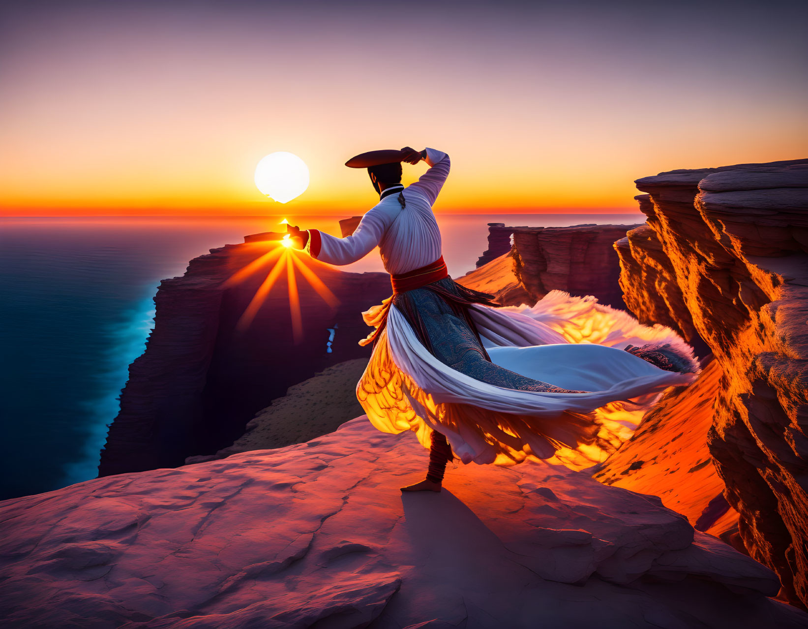 Person in flowing robes holding sun over dramatic cliff edge at vibrant sunrise/sunset