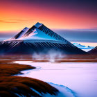 Colorful sunset over snow-capped mountain with reflective water.