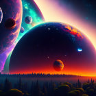 Multiple planets and moons in a starlit cosmic landscape with forest silhouette