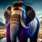 Colorful Elephant Against Mountain and Sky Backdrop