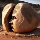 Surreal illustration: Giant wooden head in desert landscape