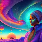 Vibrant surreal portrait of a woman with headscarf in cosmic setting