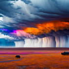 Colorful Landscape with Elephants Under Towering Shelf Cloud