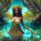 Woman in nature-inspired outfit with leafy crown among mangrove trees by serene waters