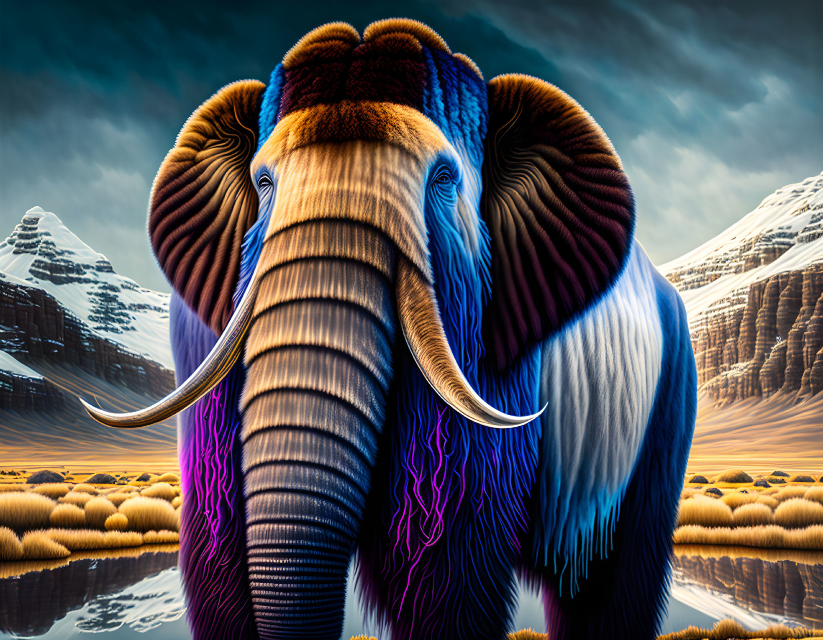 Colorful Elephant Against Mountain and Sky Backdrop