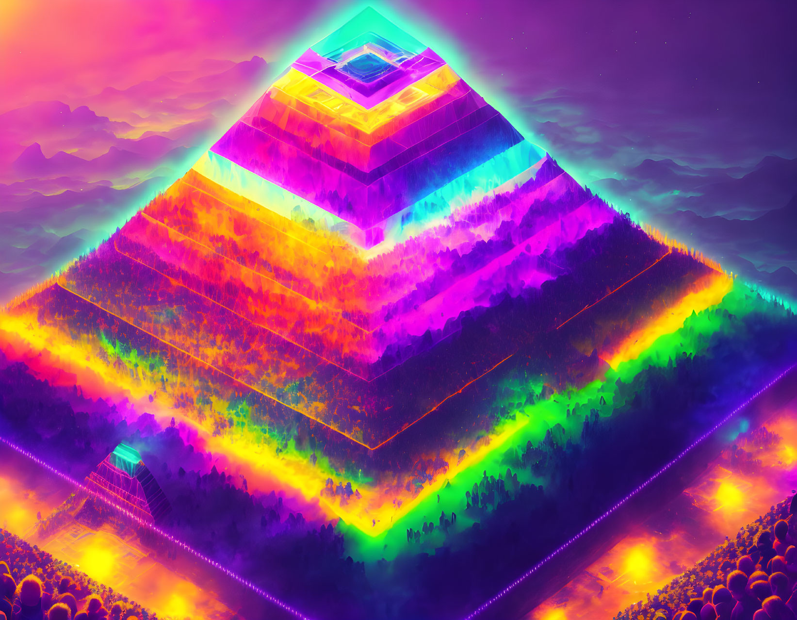 Neon-colored digital artwork of futuristic pyramid in glowing foliage