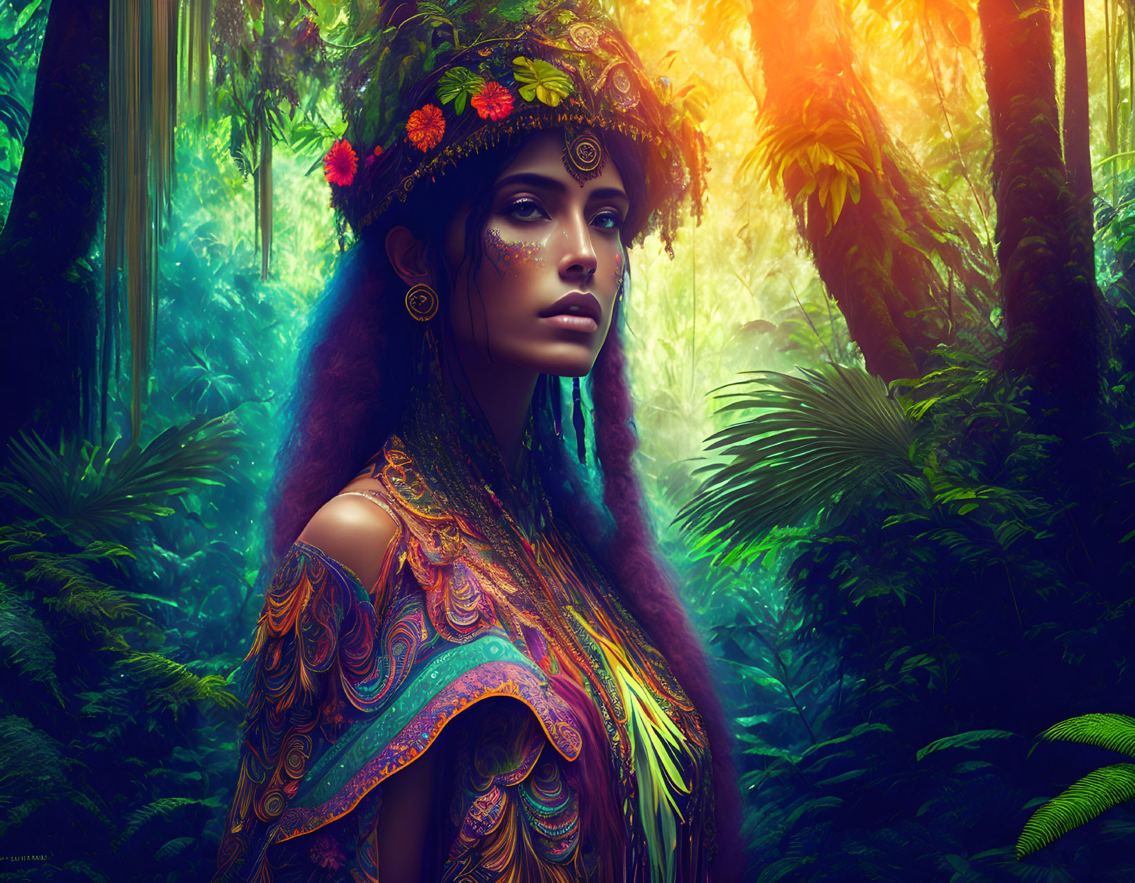 Elaborate face paint and floral headpiece in vibrant rainforest