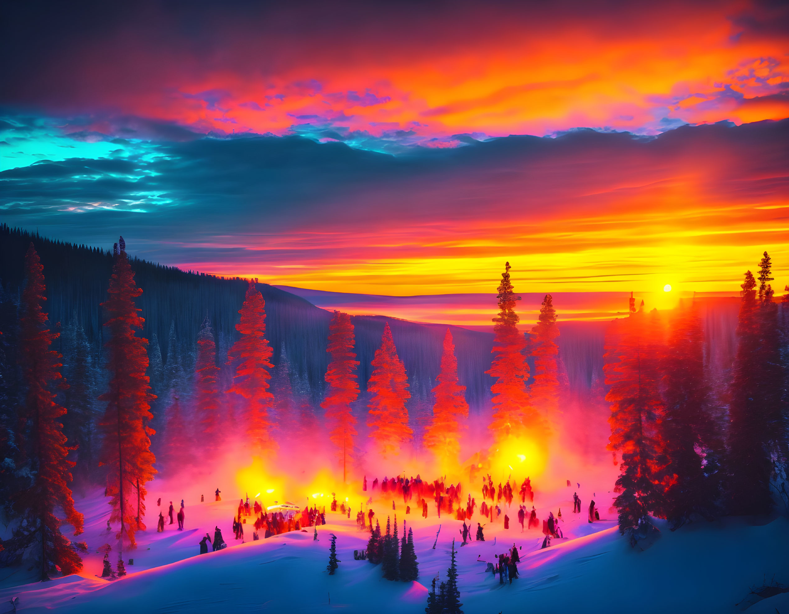 Scenic sunset over snowy forest with people around bonfire