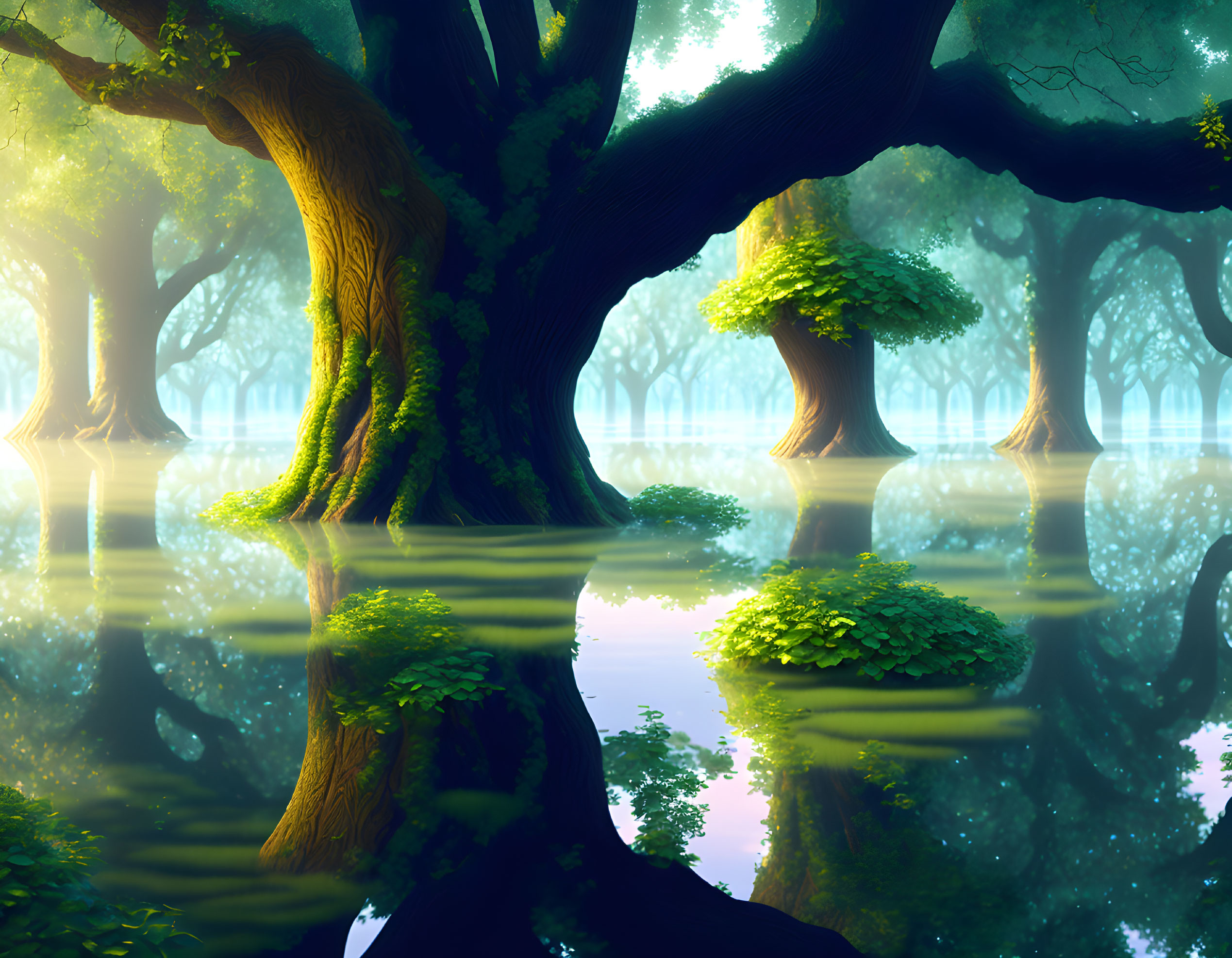 Enchanting forest with large trees and vibrant green foliage reflected in serene water.