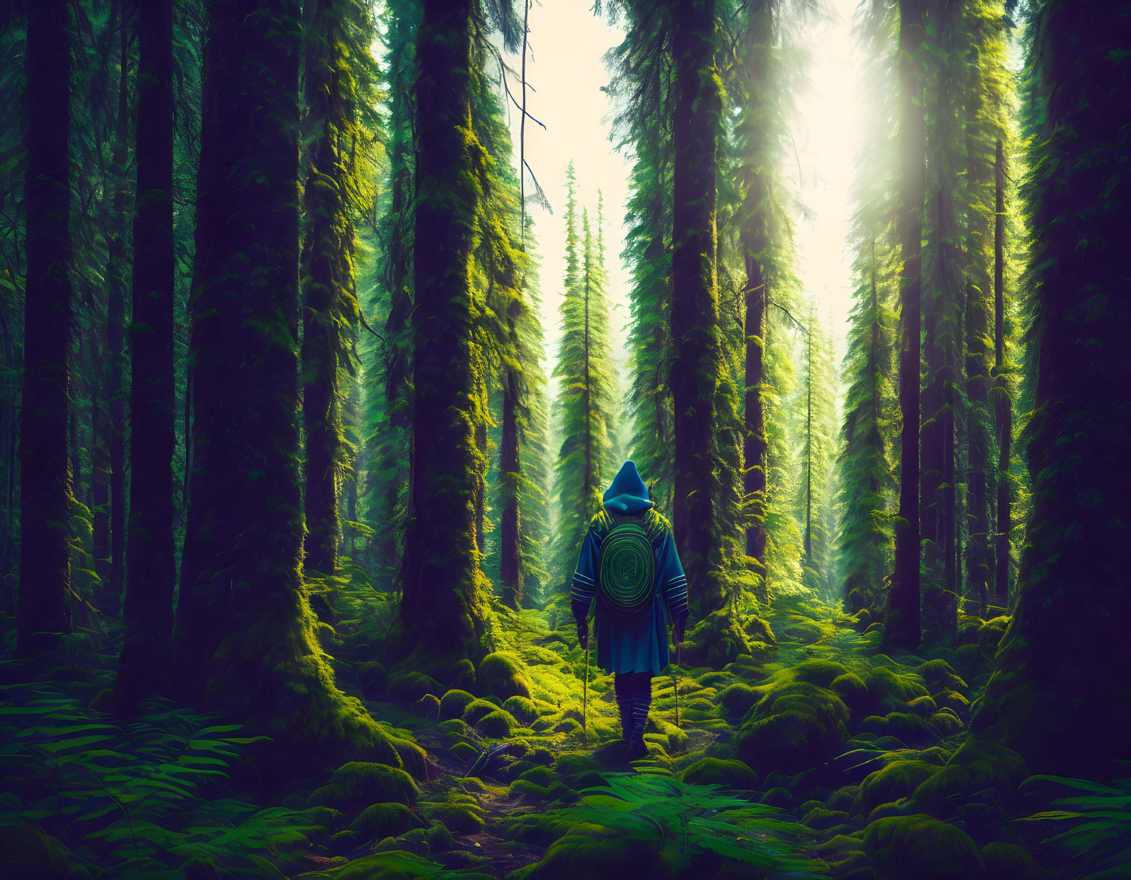 Person with backpack walking in sunlit mossy forest