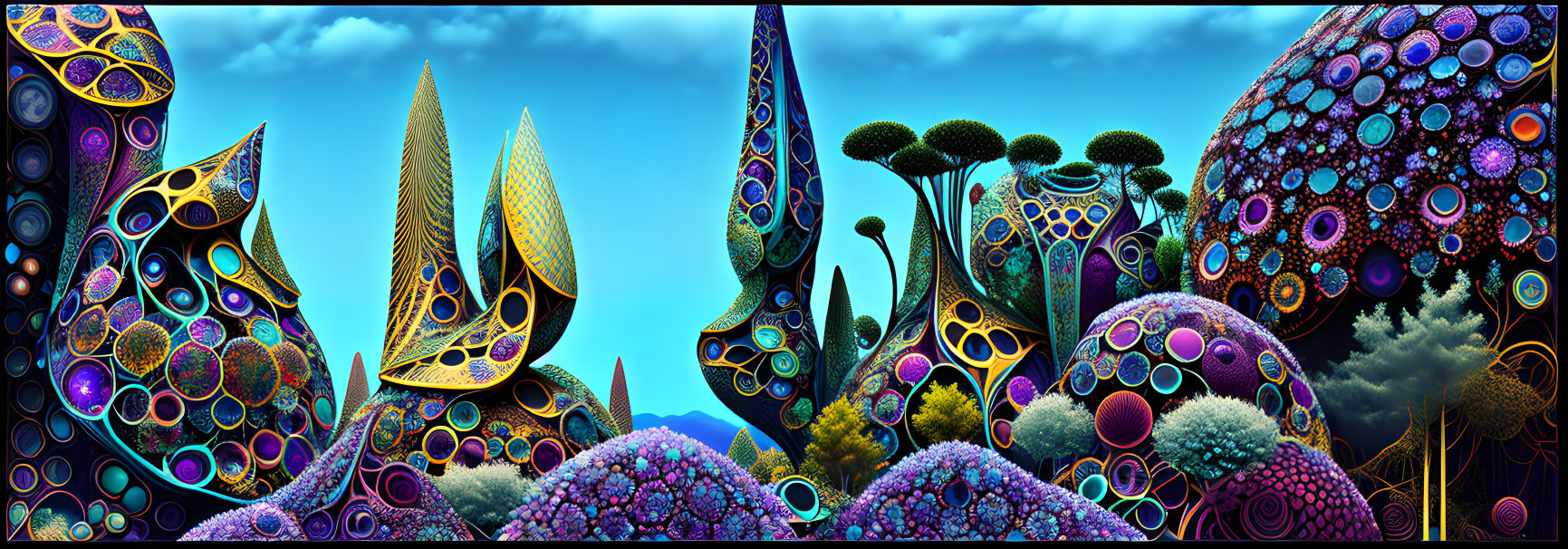 Colorful Psychedelic Landscape with Abstract Structures and Patterns