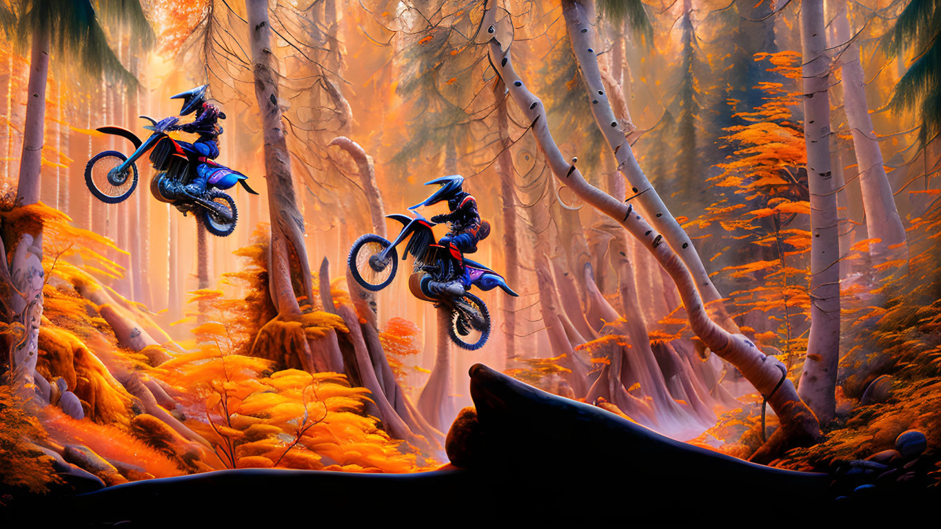 Motorcyclists jumping in autumn forest with foggy backdrop