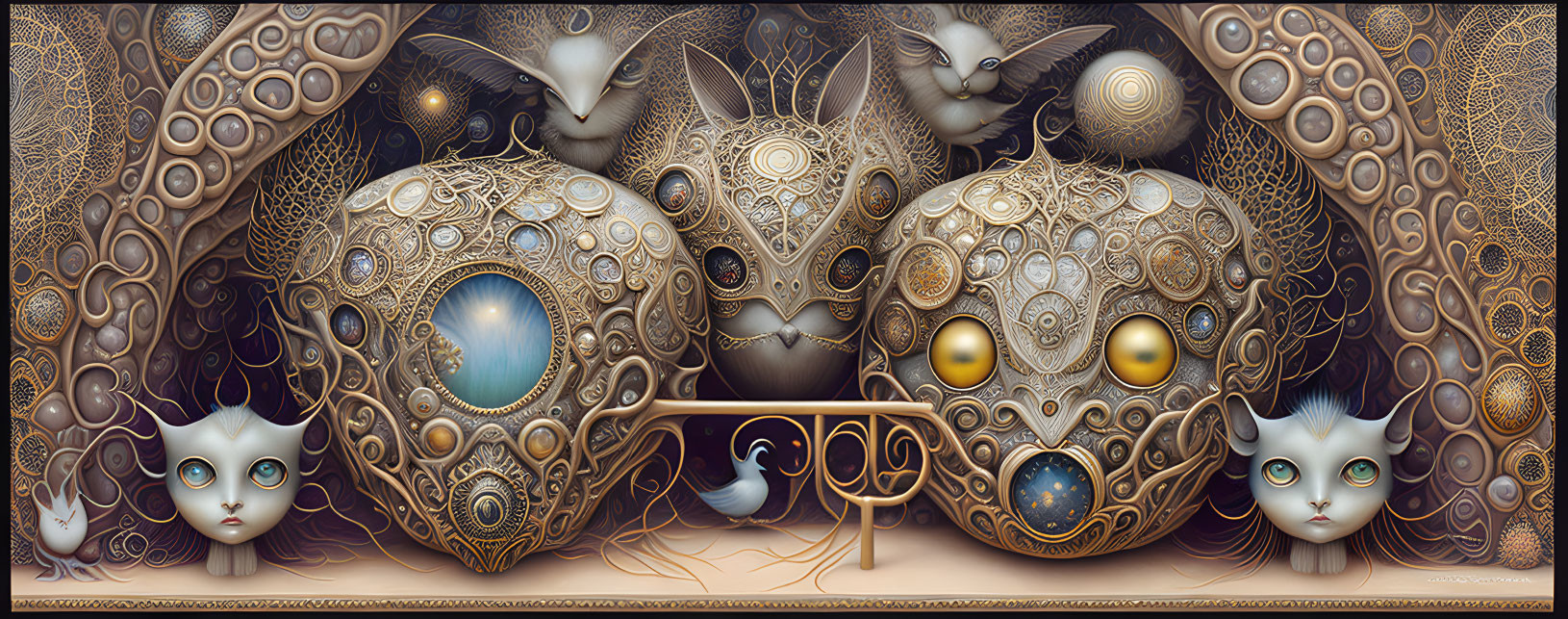 Surreal artwork: Cat-like creatures, large eyes, ornate patterns