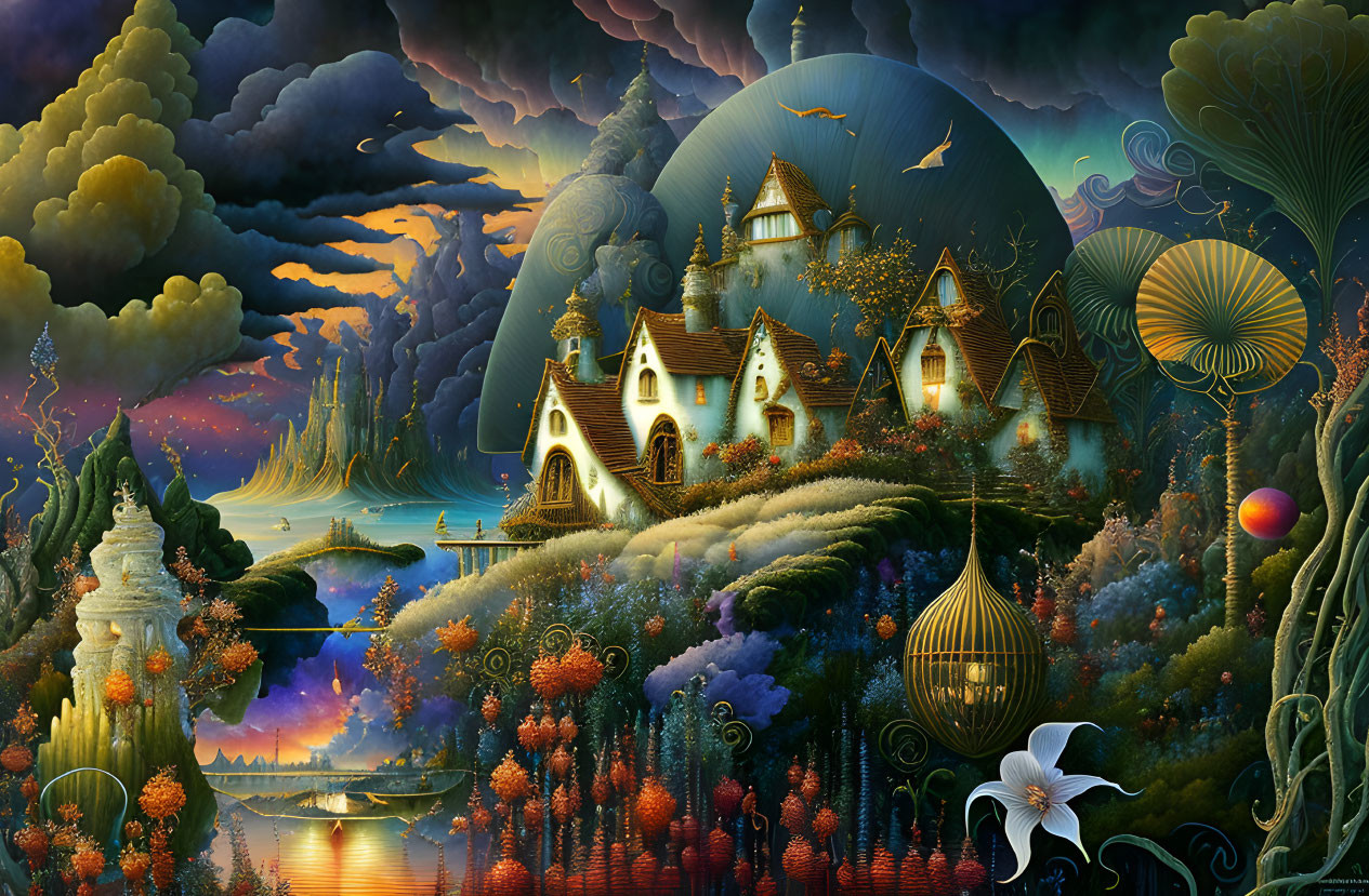 Fantastical Landscape with Whimsical Houses and Lush Vegetation