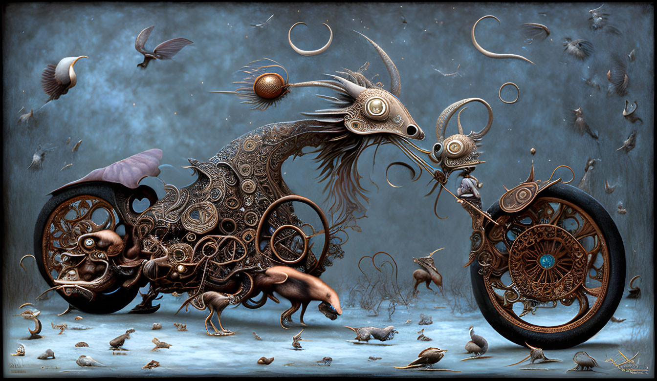 Surreal steampunk creature with mechanical parts in mystical scene