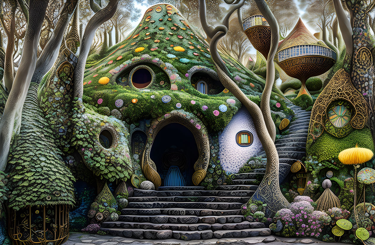 Whimsical Treehouses in Fantasy Forest with Mushroom Roofs