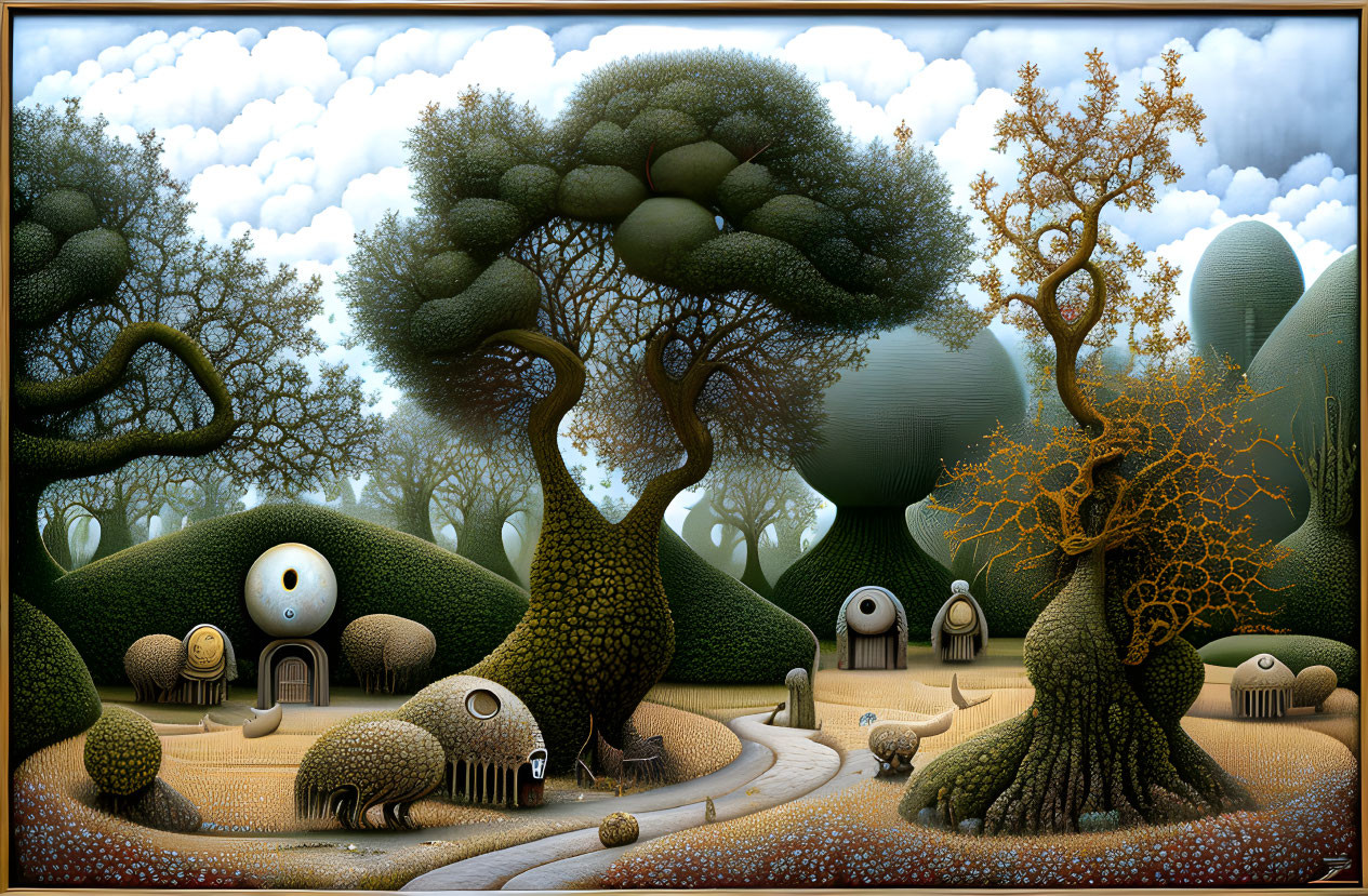 Stylized surreal landscape with whimsical trees, grass-covered houses, and a serpentine path