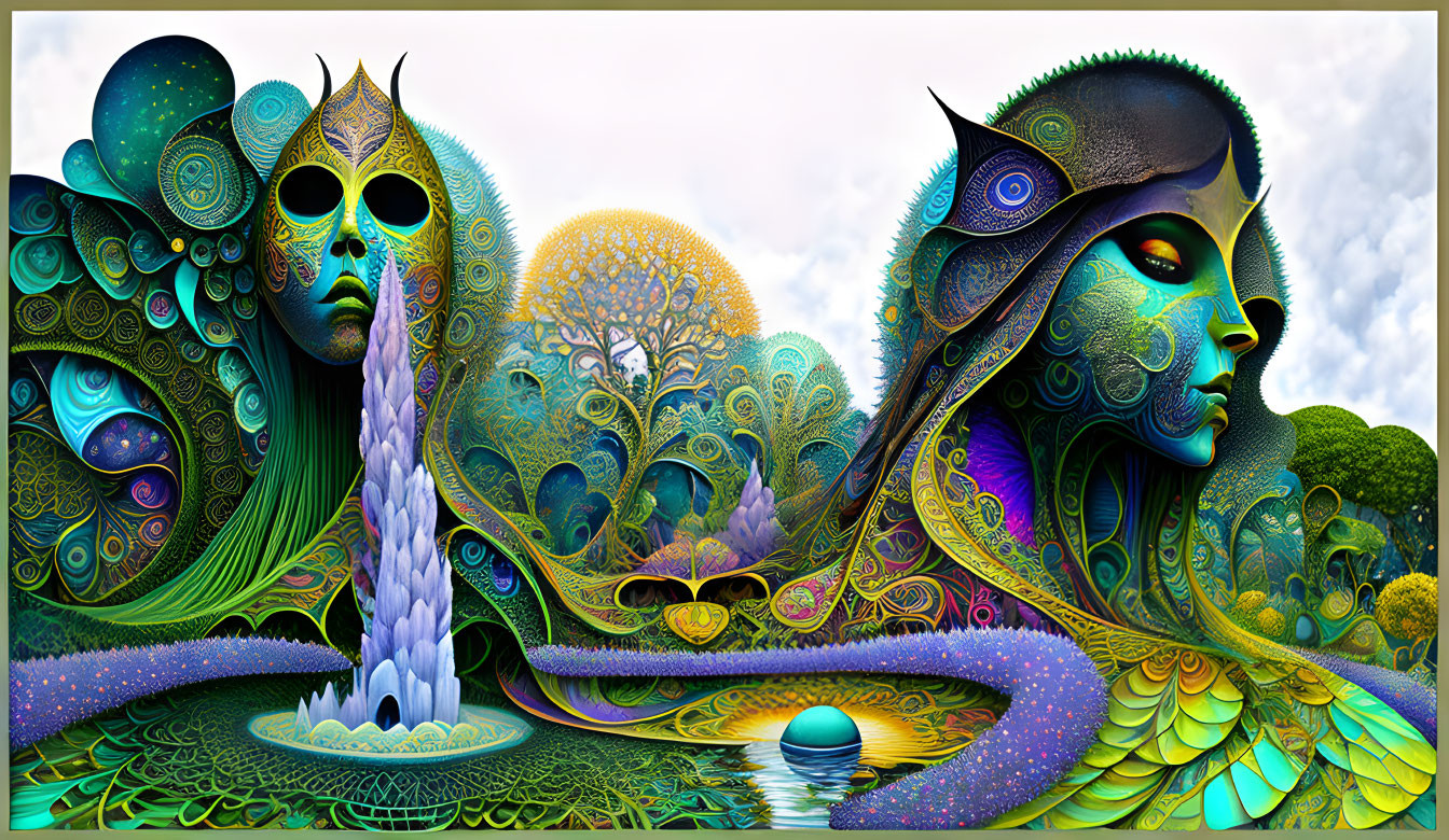 Colorful digital artwork: Two stylized faces with intricate patterns and surreal landscapes